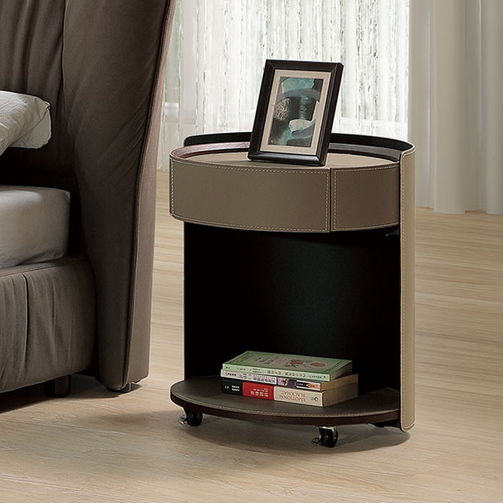 奧哈1.5尺高級馬鞍皮革床頭櫃/活動式圓形床頭櫃/單抽收納櫃/置物小邊櫃/小茶几