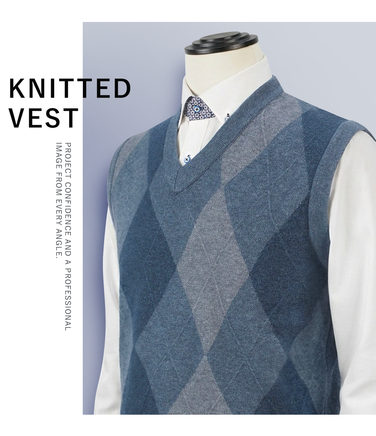 穩序菱格混紡針織背心-灰藍色