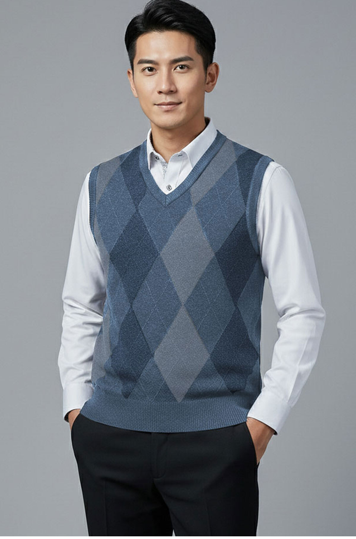 穩序菱格混紡針織背心-灰藍色實穿展示
