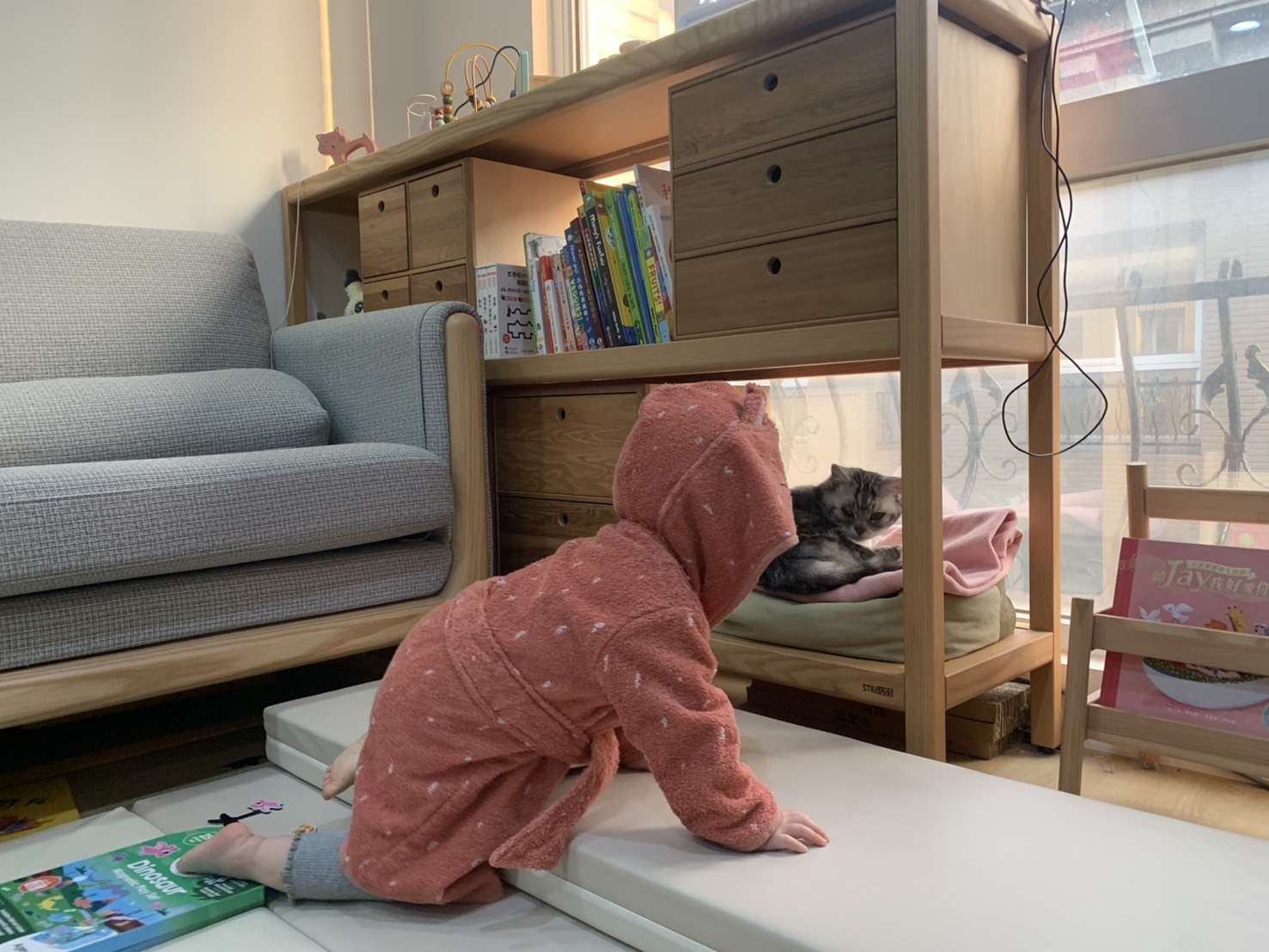 小梅子在客廳遊戲區爬行，前方是躲在收納櫃下方的家貓，環境充滿溫馨生活感。