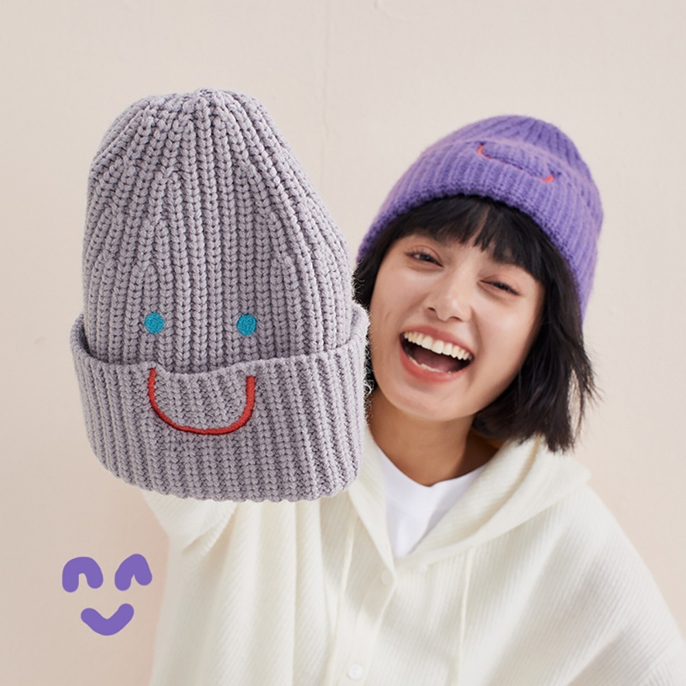 毛帽 針織帽 笑臉針織毛帽 刺繡毛帽 加絨毛帽 包頭帽 多巴胺毛帽 護耳帽 保暖帽 可愛毛帽 韓系毛帽 毛線帽 129