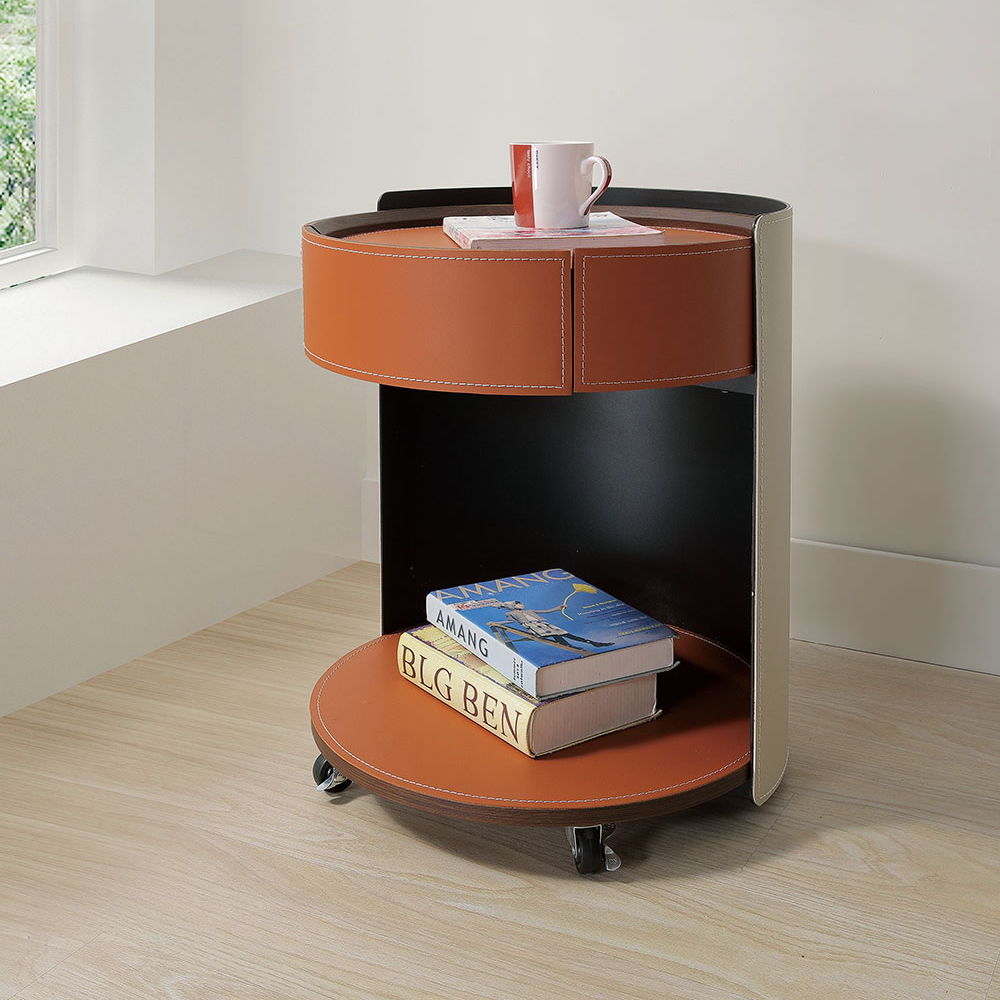 羅希1.5尺高級馬鞍皮革床頭櫃/橘色活動式床頭櫃/圓形單抽收納櫃/置物小邊櫃/小茶几