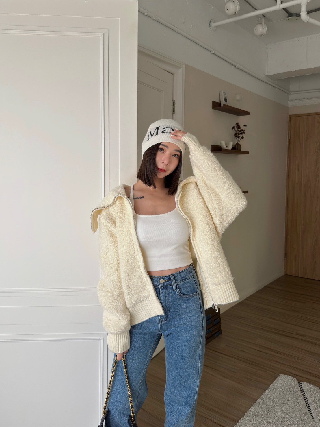 QQ毛翻領雙拉鍊外套