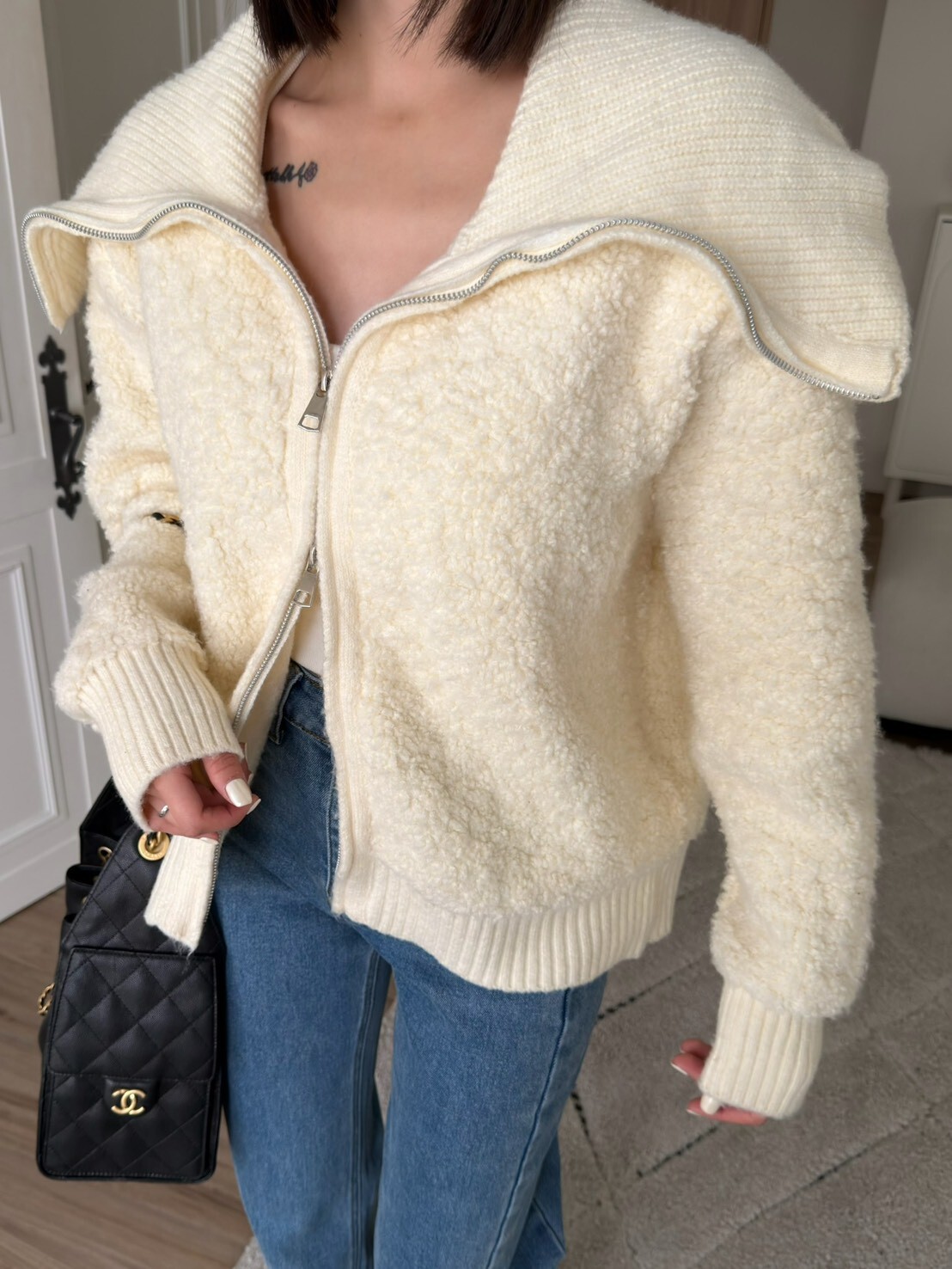 QQ毛翻領雙拉鍊外套