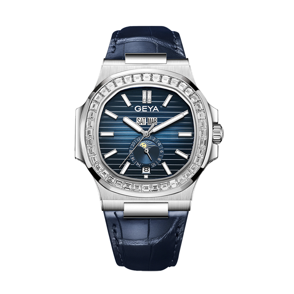 【GEYA格雅】鏤空 日月星辰 日期星期月份顯示 夜光 機械 皮革 G78092GWBB