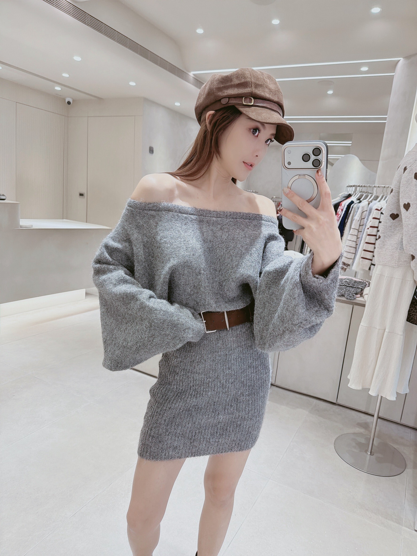 附腰帶連袖包臀針織短洋