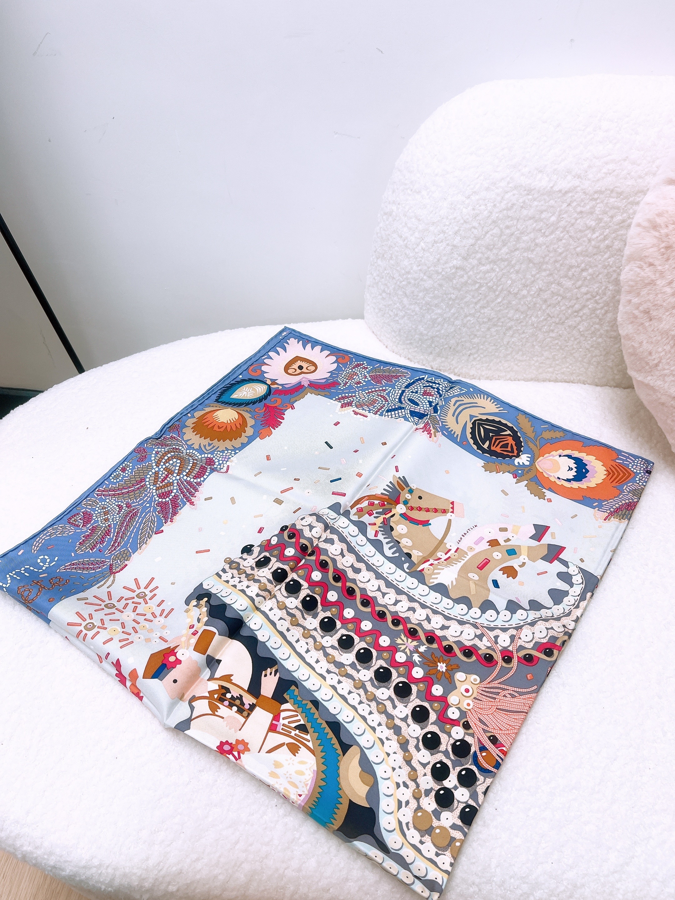 *Unused* Hermes scarf 90 (grey blue/ white/costume de fete)