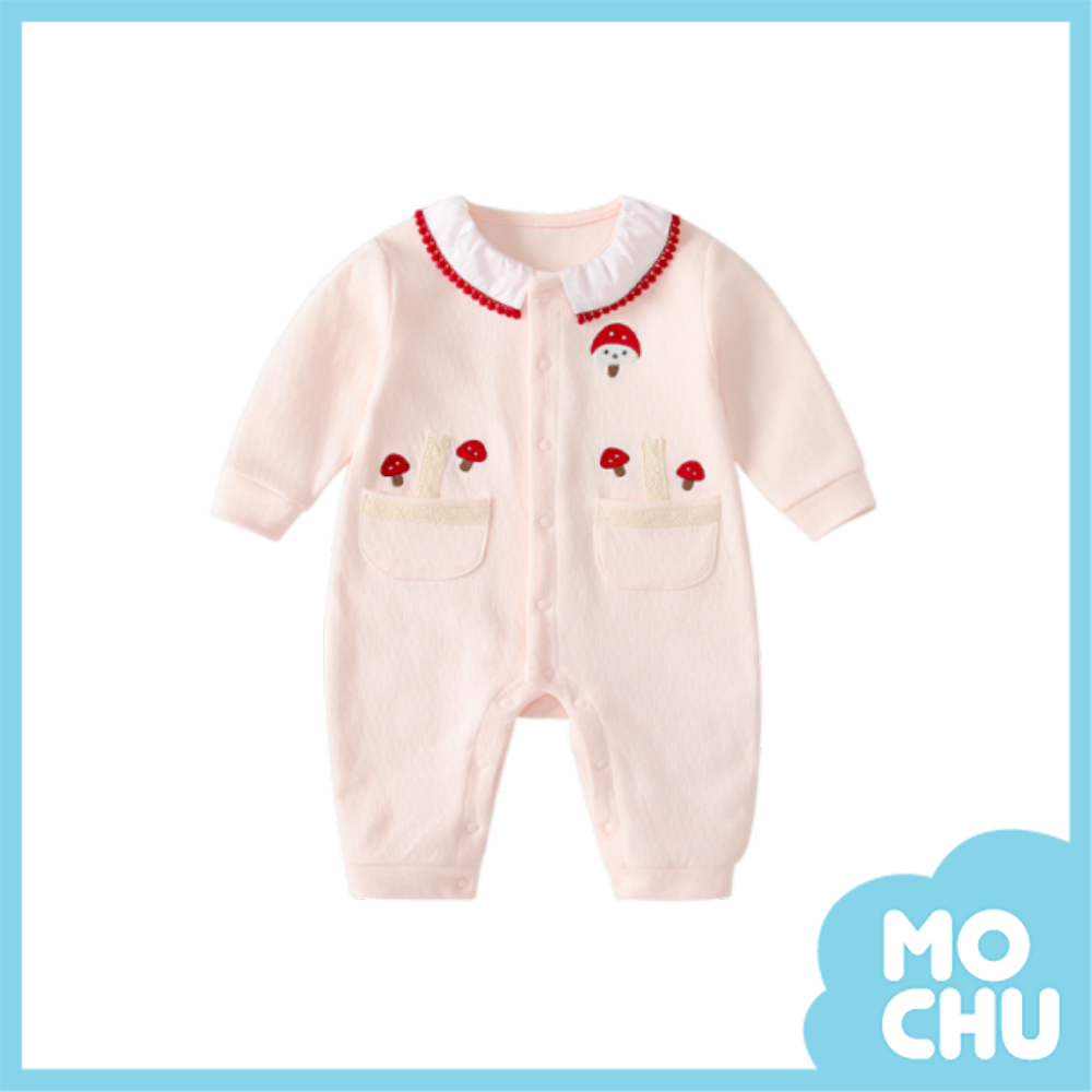 刺繡蘑菇滾邊長袖連身衣