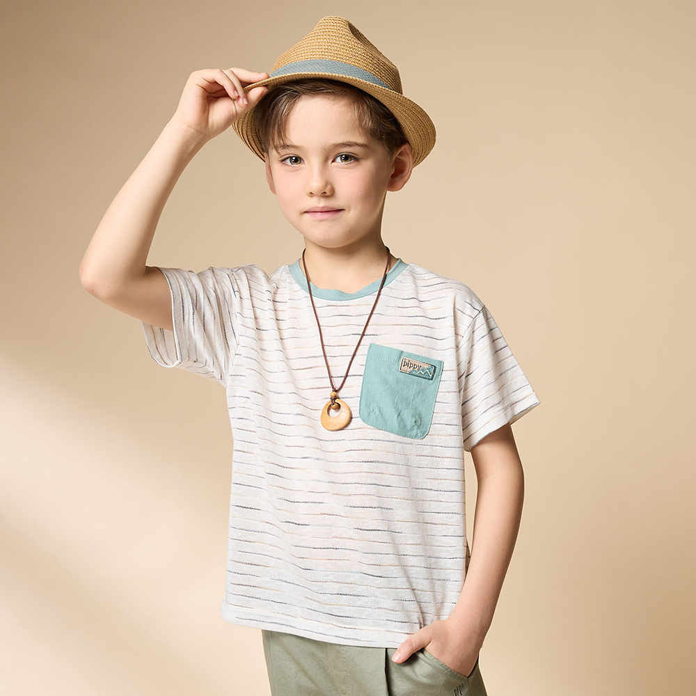 PIPPY 漸層條紋圓領短袖上衣 米白