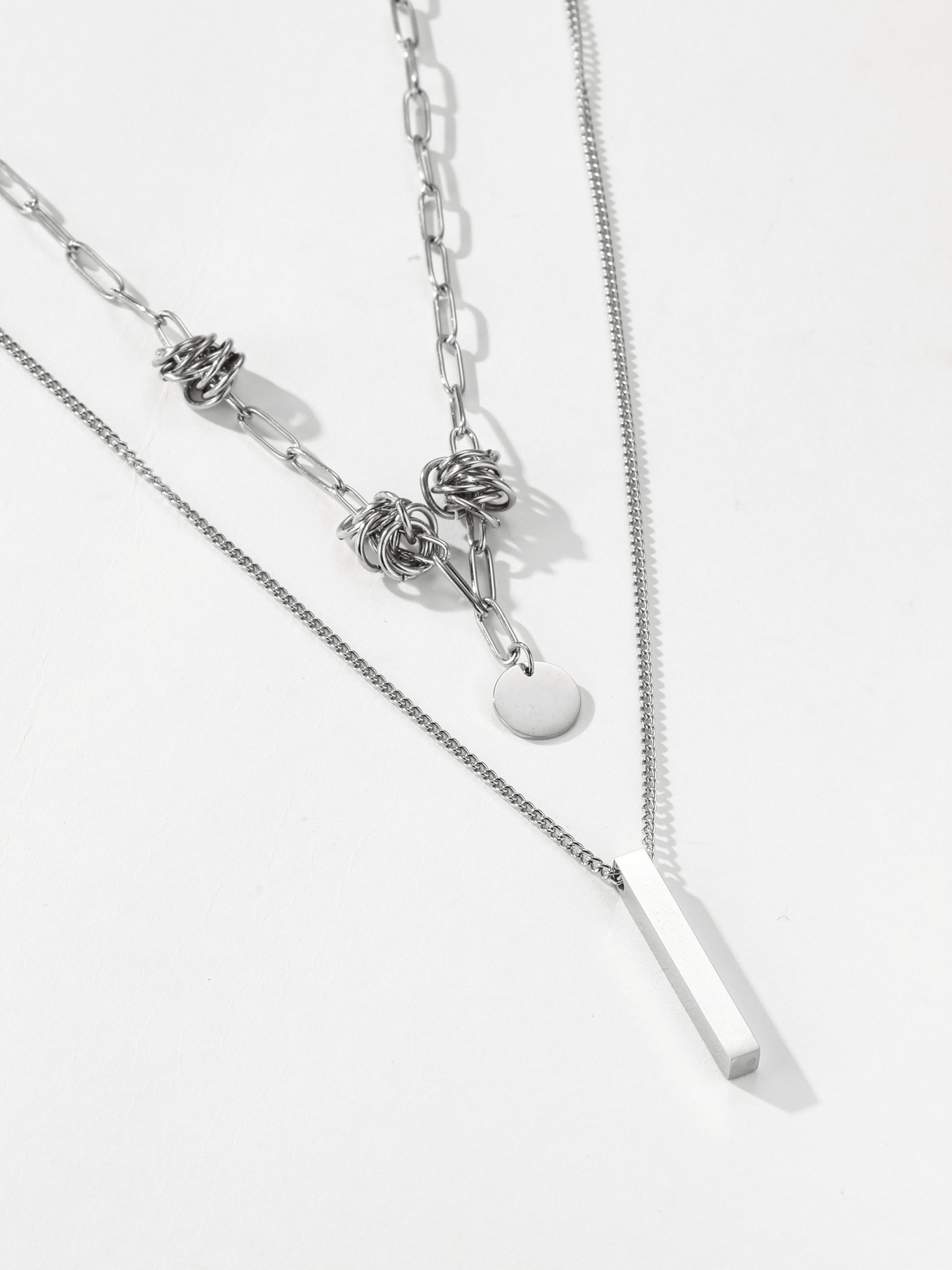 UCDF 多元素拼接碰撞 打結 圓牌 雙層疊戴 長條 項鏈 UCA023