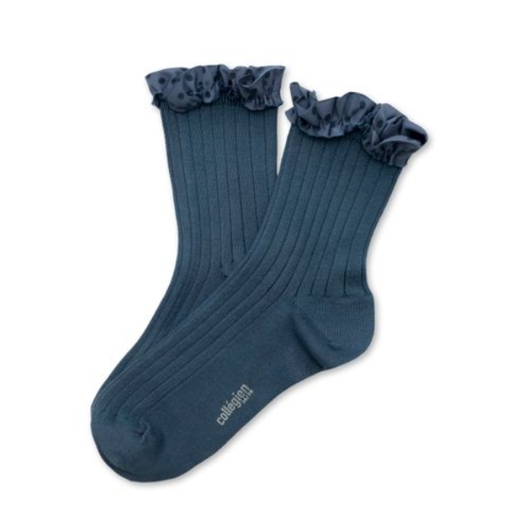 (預購) COLLEGIEN 點點荷葉邊低筒襪 Emilie - 960 Bleu Cendré 灰藍