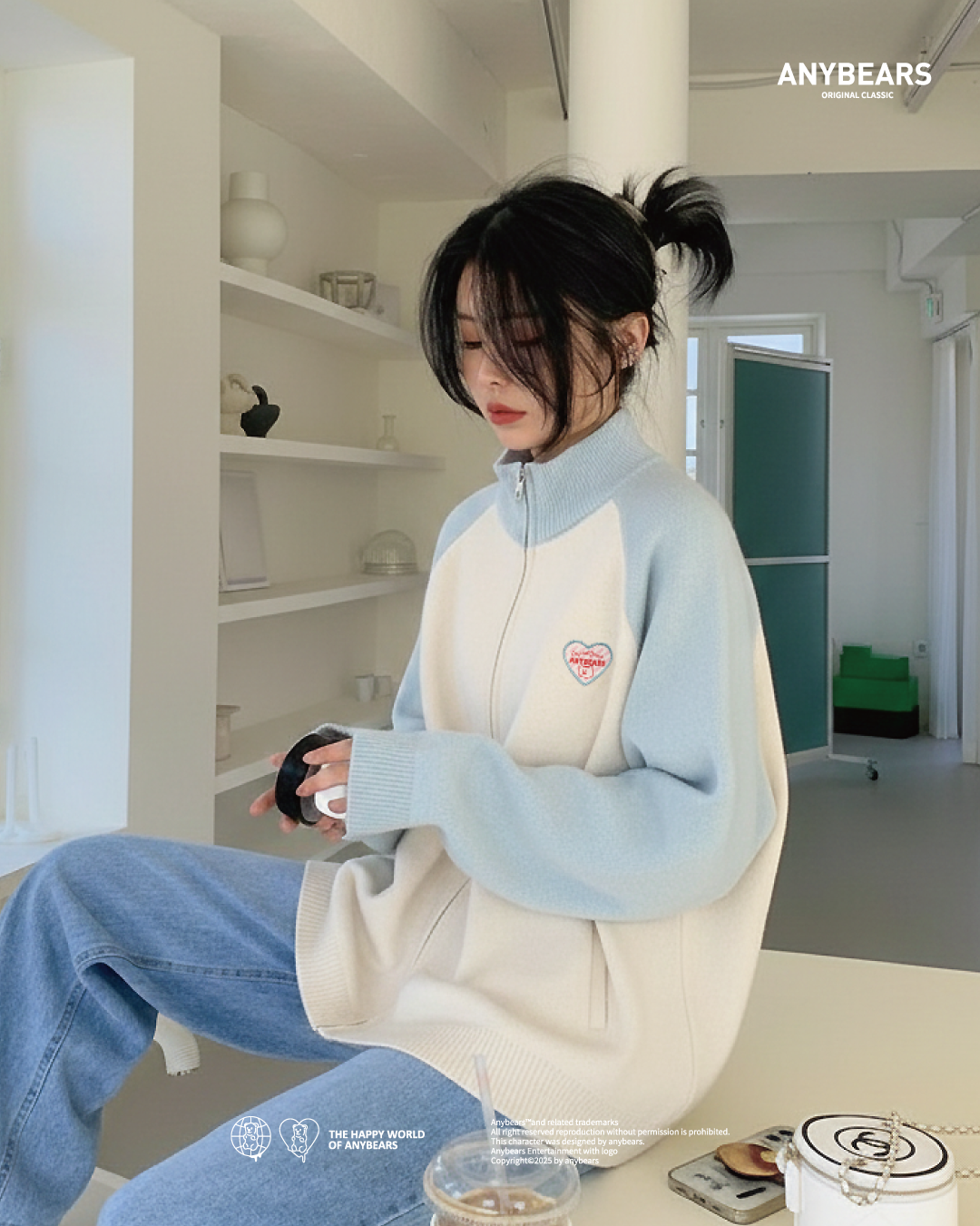 AB-ZIP® 愛心刺繡撞色毛衣外套-Z07 ANYBEARS made Color-blocked sweater coat