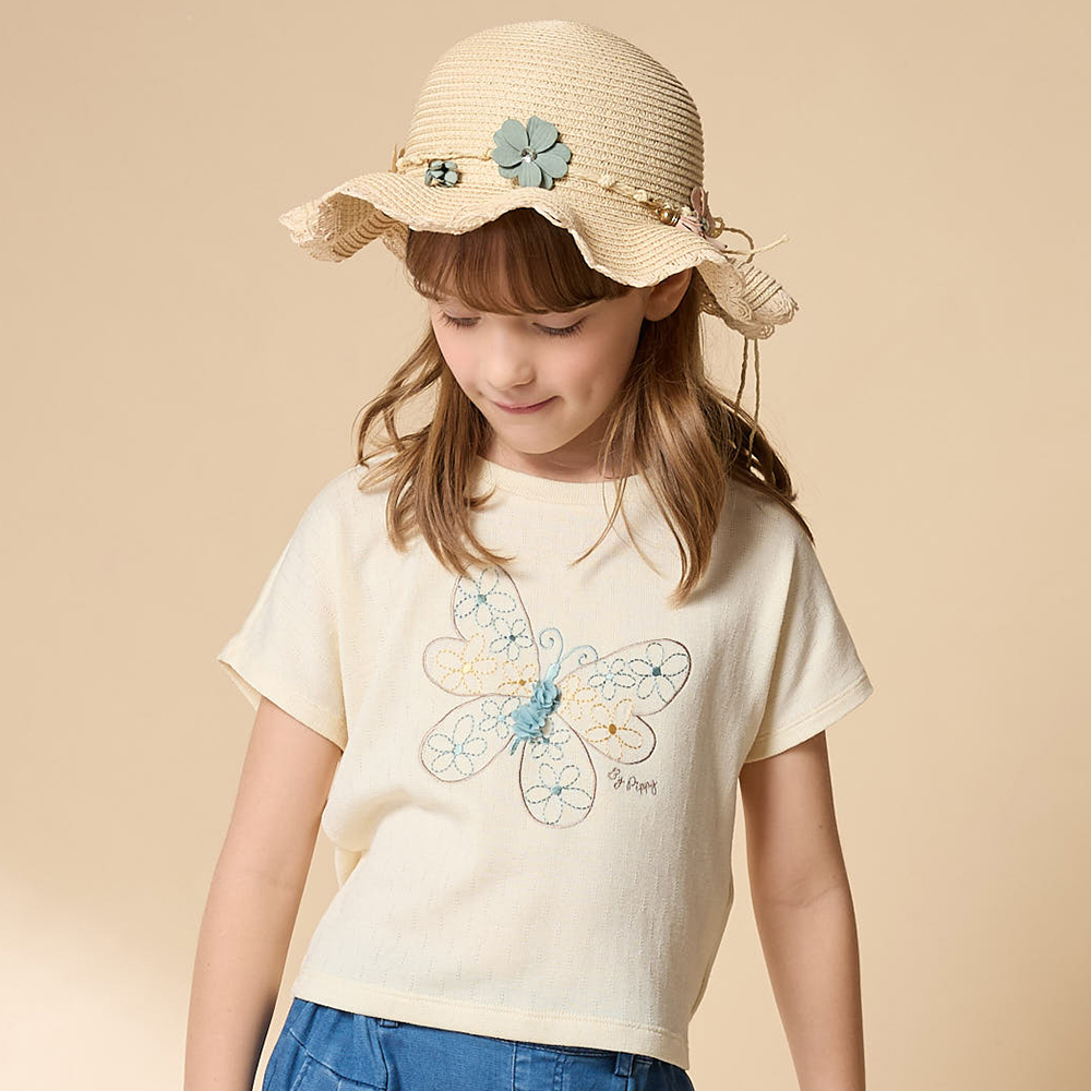 PIPPY 優雅寬袖立體花落肩短袖上衣 卡其