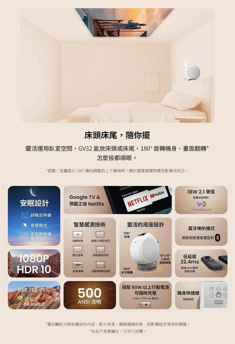 BenQ GV32 LED 360°無死角投影智慧微型投影機