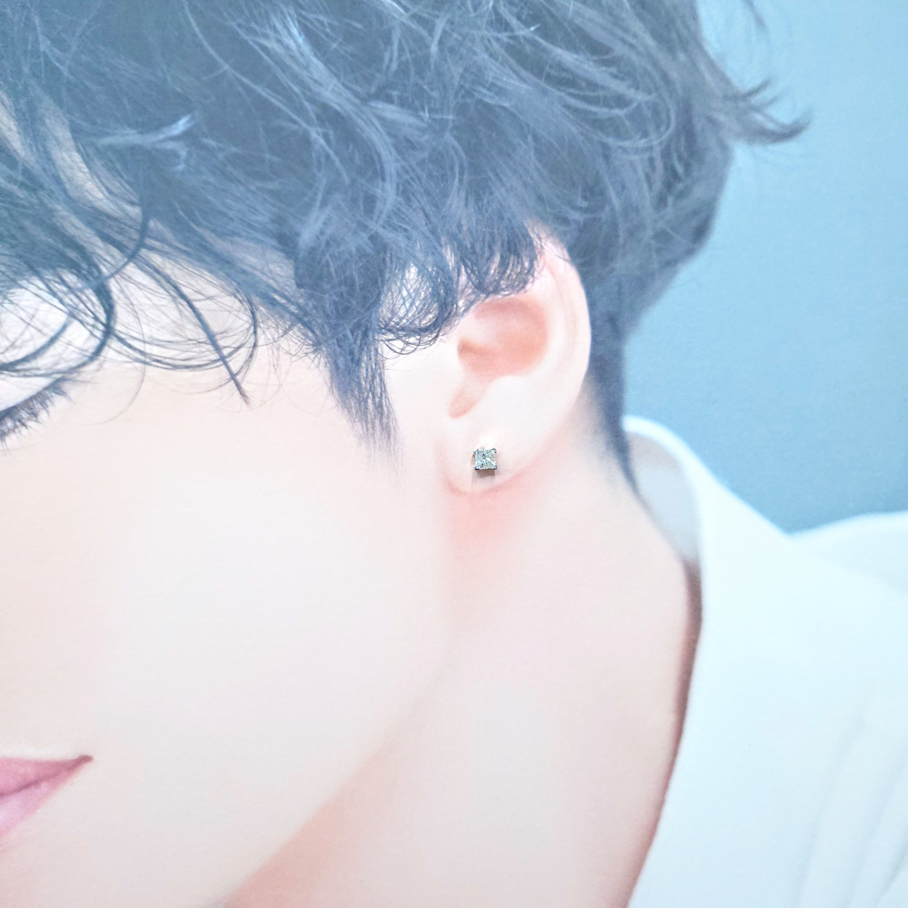 全新18K白金【主石37份方形鑽石】單耳環