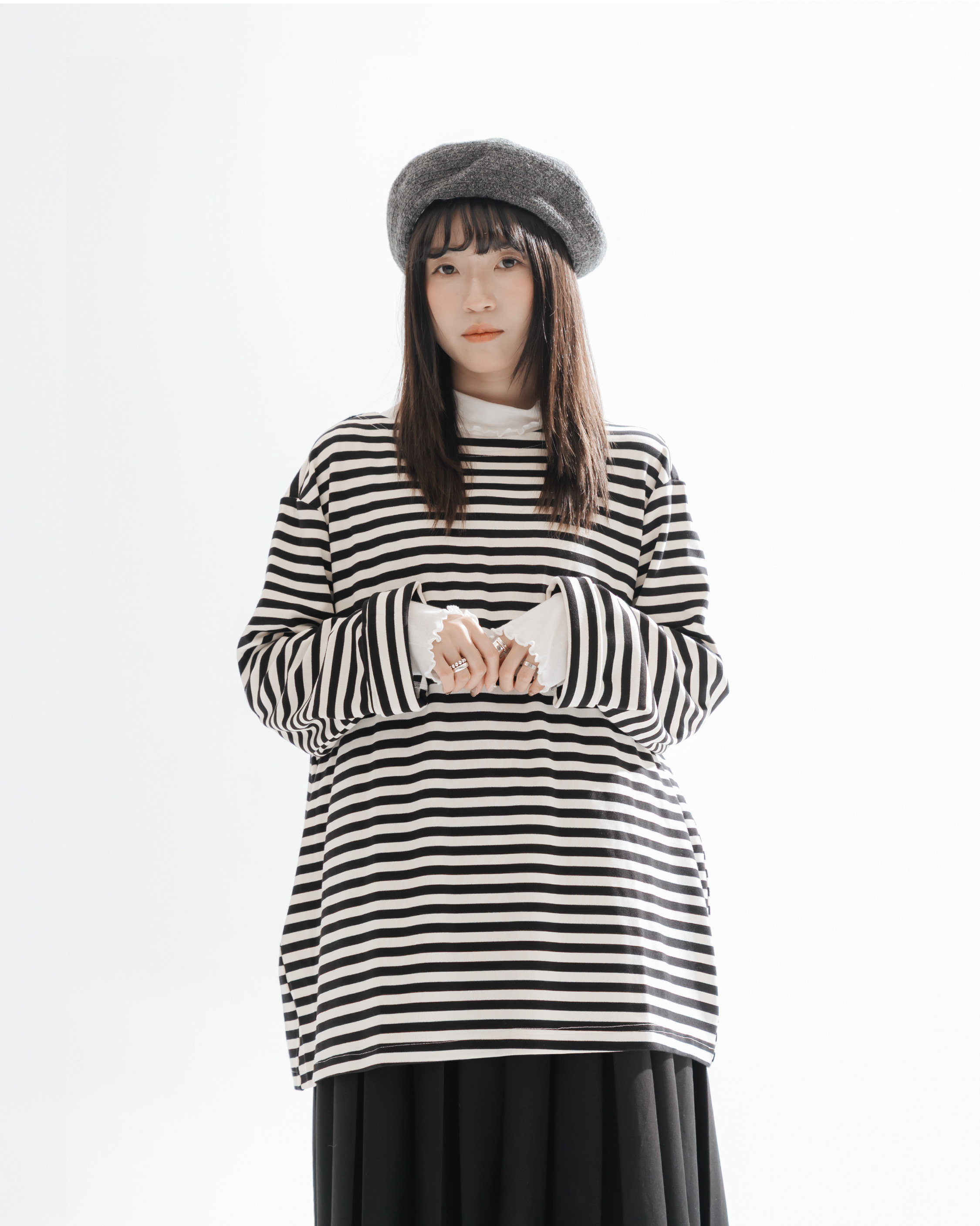 【 Kiki.co Made 】Loose Striped Long-Sleeve Top - Black