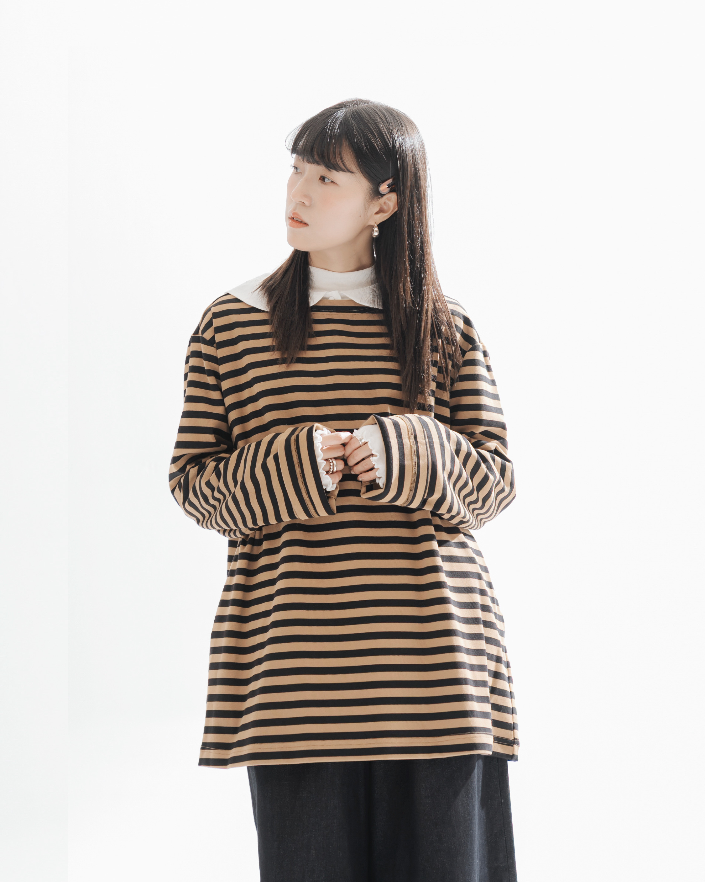 【 Kiki.co Made 】Loose Striped Long-Sleeve Top - Camel