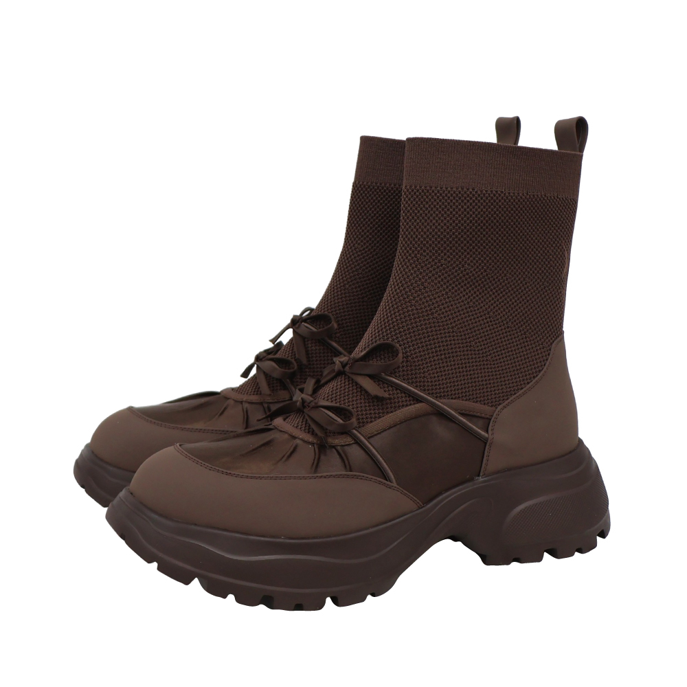 現貨 棕40 蝴蝶結針織拼接短靴