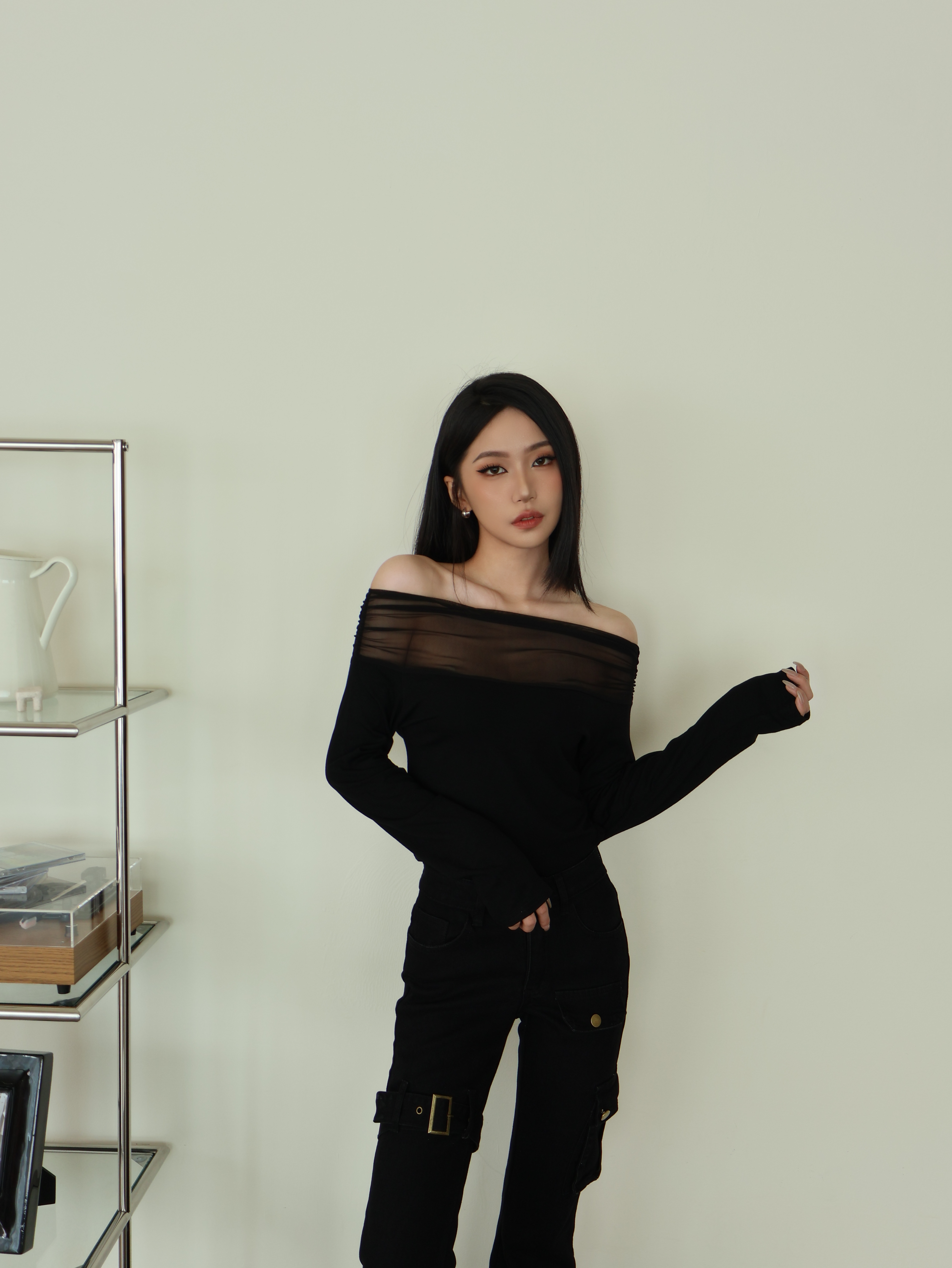 拼接網紗平口上衣