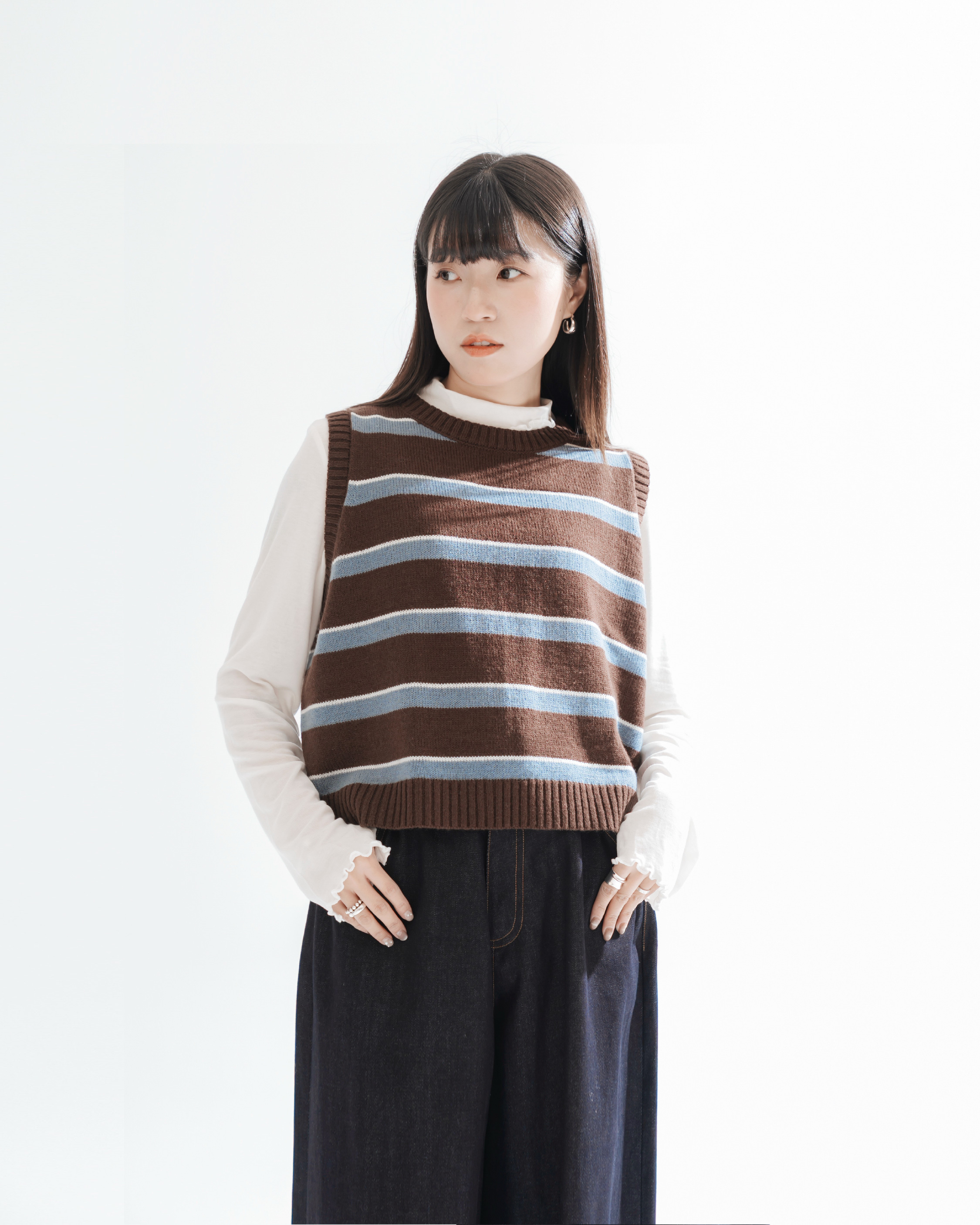 【 Kiki.co Made 】Lightweight Wool Blend Striped Vest - Brown