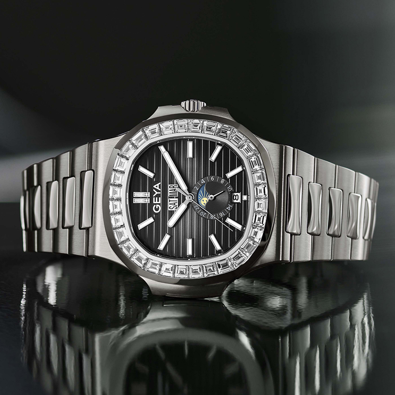 【GEYA格雅】 G78092GWKS 鑽圈 寶石軸承 鏤空 日月星辰 日期星期月份顯示 夜光 機械 不鏽鋼