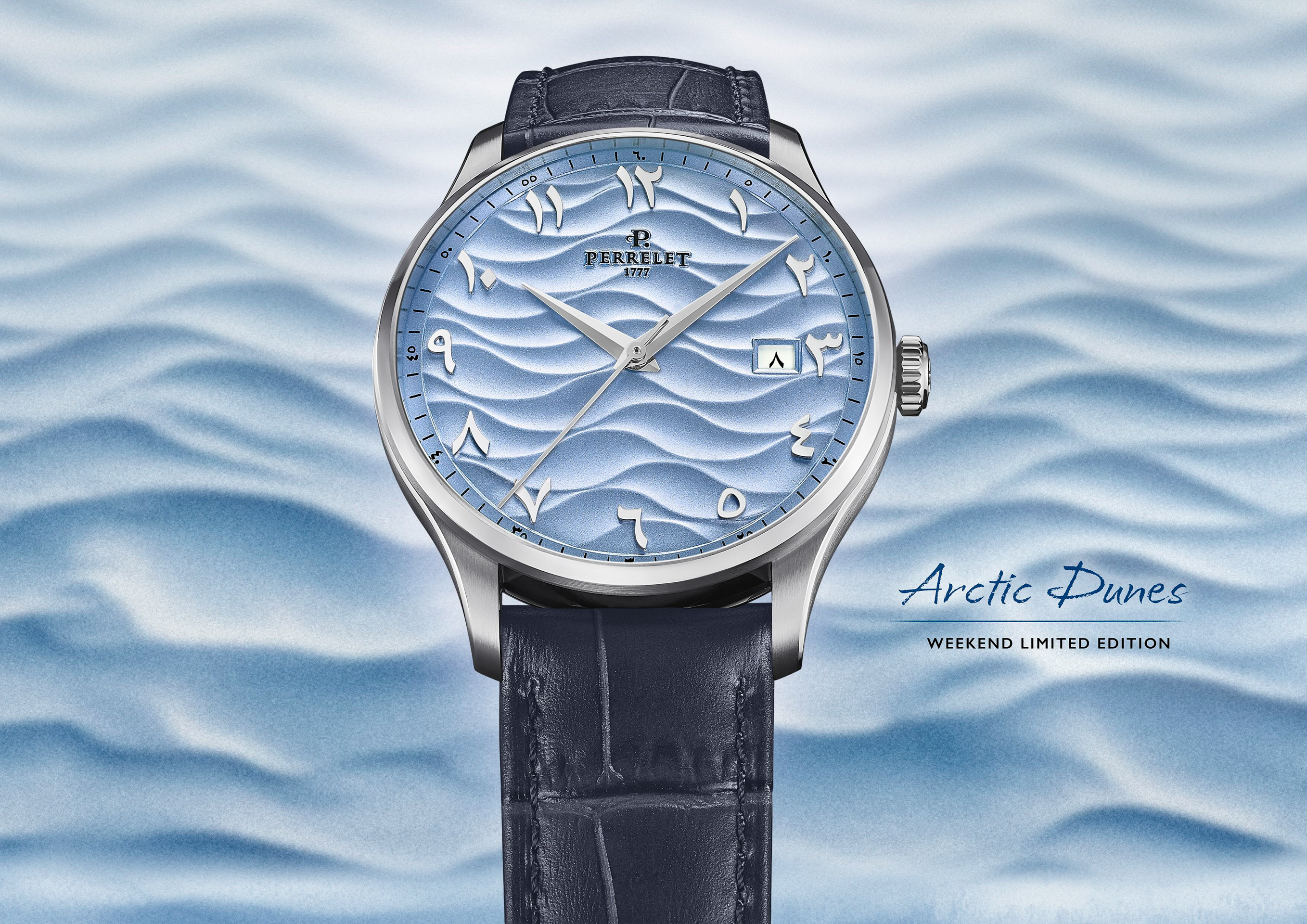 Perrelet WEEKEND ARCTIC DUNE,沛力錶,蒼域之丘,A1300/S4,中東面盤,阿拉伯數字,阿拉伯-印度數字,藍色面盤,蒼域之丘大三針腕錶,中東數字