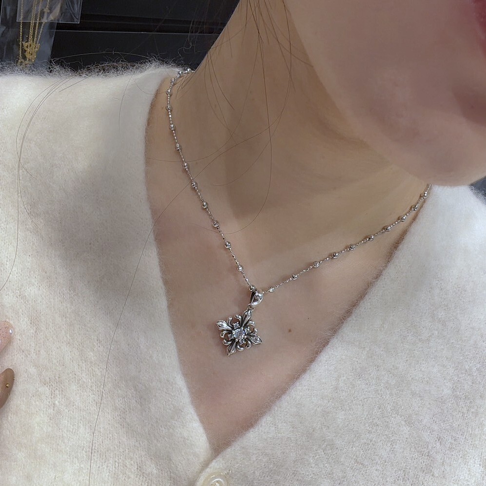 HM5455 ⚪️925 銀 經典十字架花珠珠頸鍊