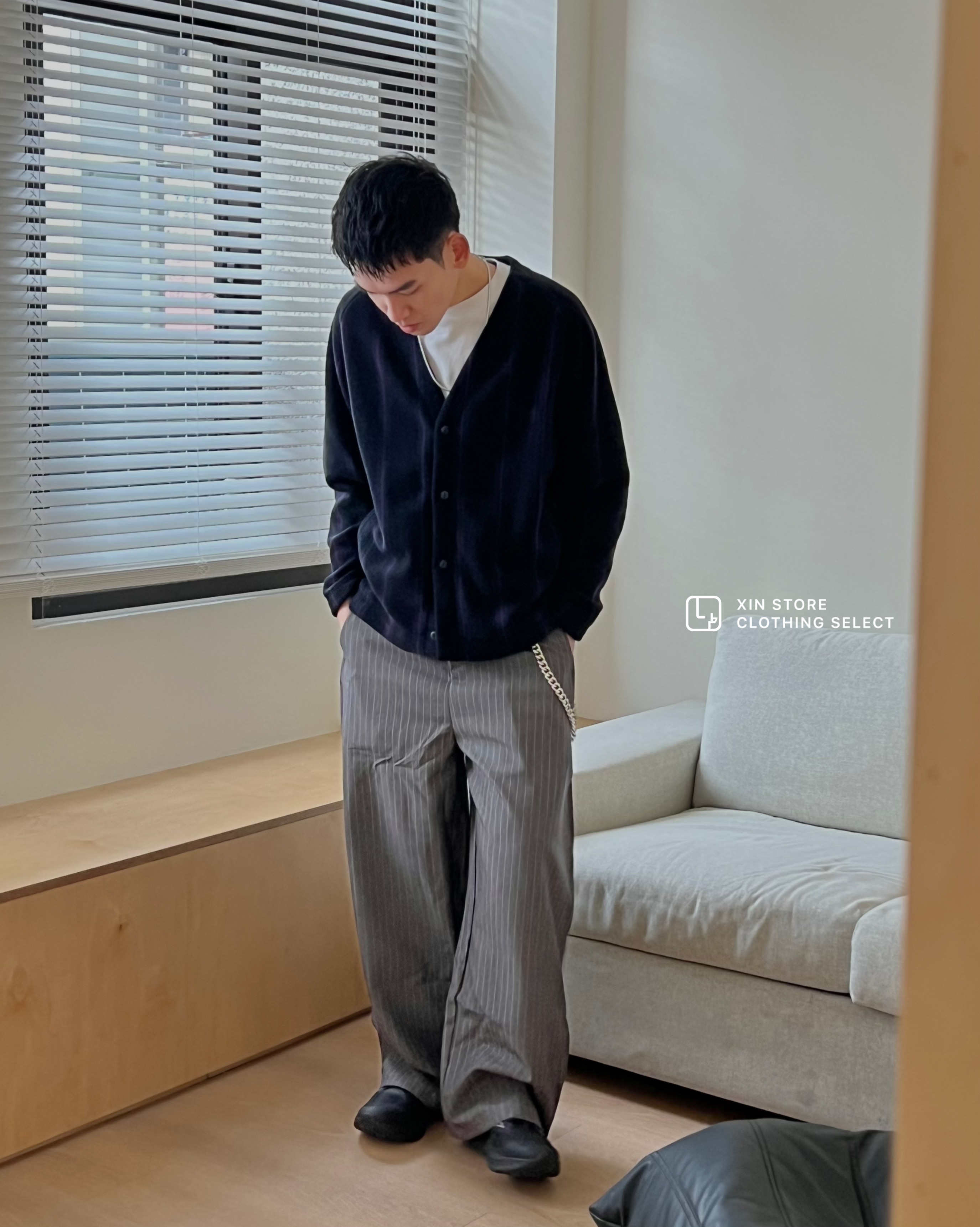 XIN SELECT 條紋 闊腿 線條 長褲 彎刀褲 深灰色