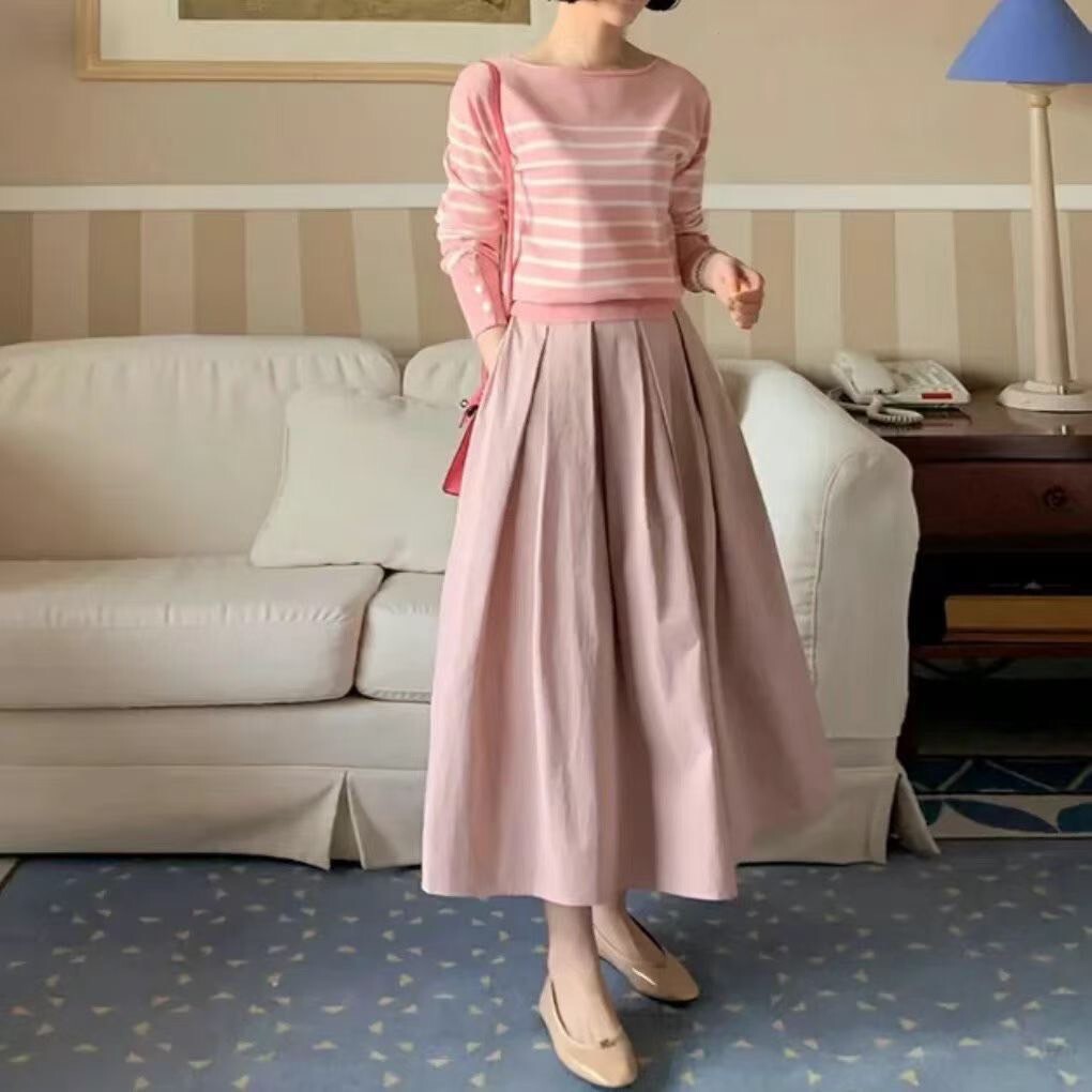 後腰鬆緊挺版A字傘擺百褶裙長裙-F / 4色