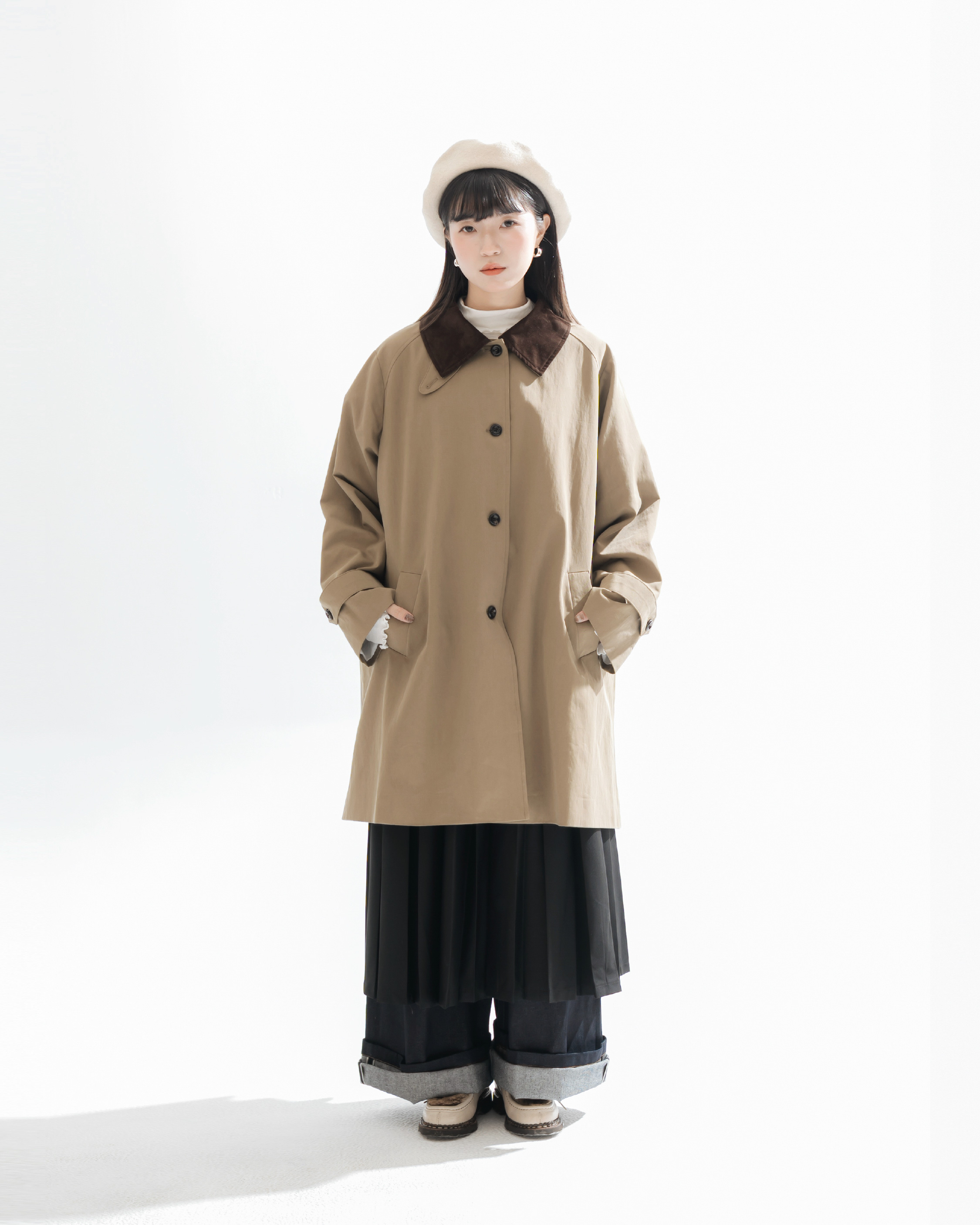 【 Kiki.co Made 】Midi Camel Trench Coat - Corduroy Collar