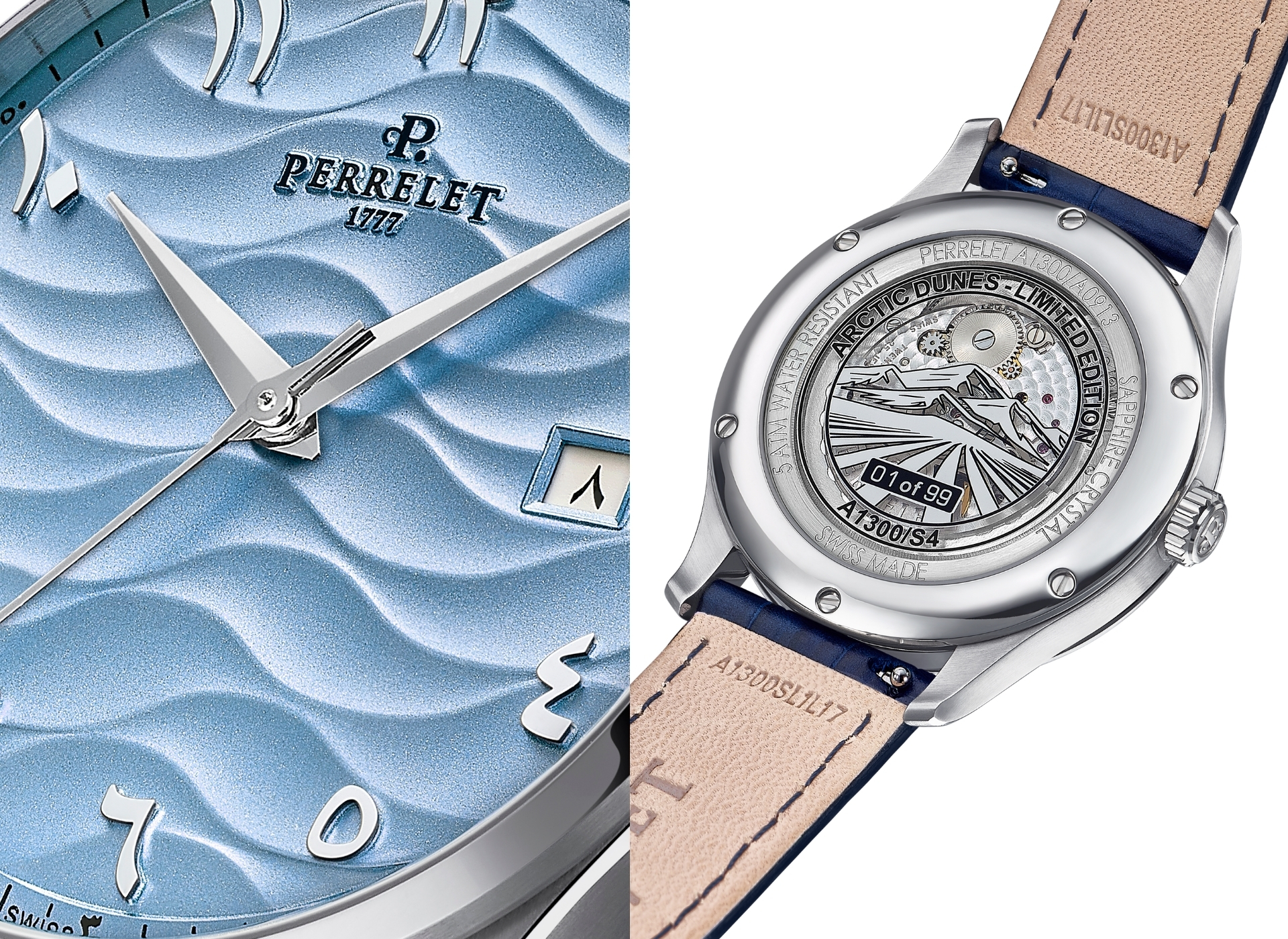 Perrelet WEEKEND ARCTIC DUNE,沛力錶,蒼域之丘,A1300/S4,中東面盤,阿拉伯數字,阿拉伯-印度數字,藍色面盤,蒼域之丘大三針腕錶,中東數字
