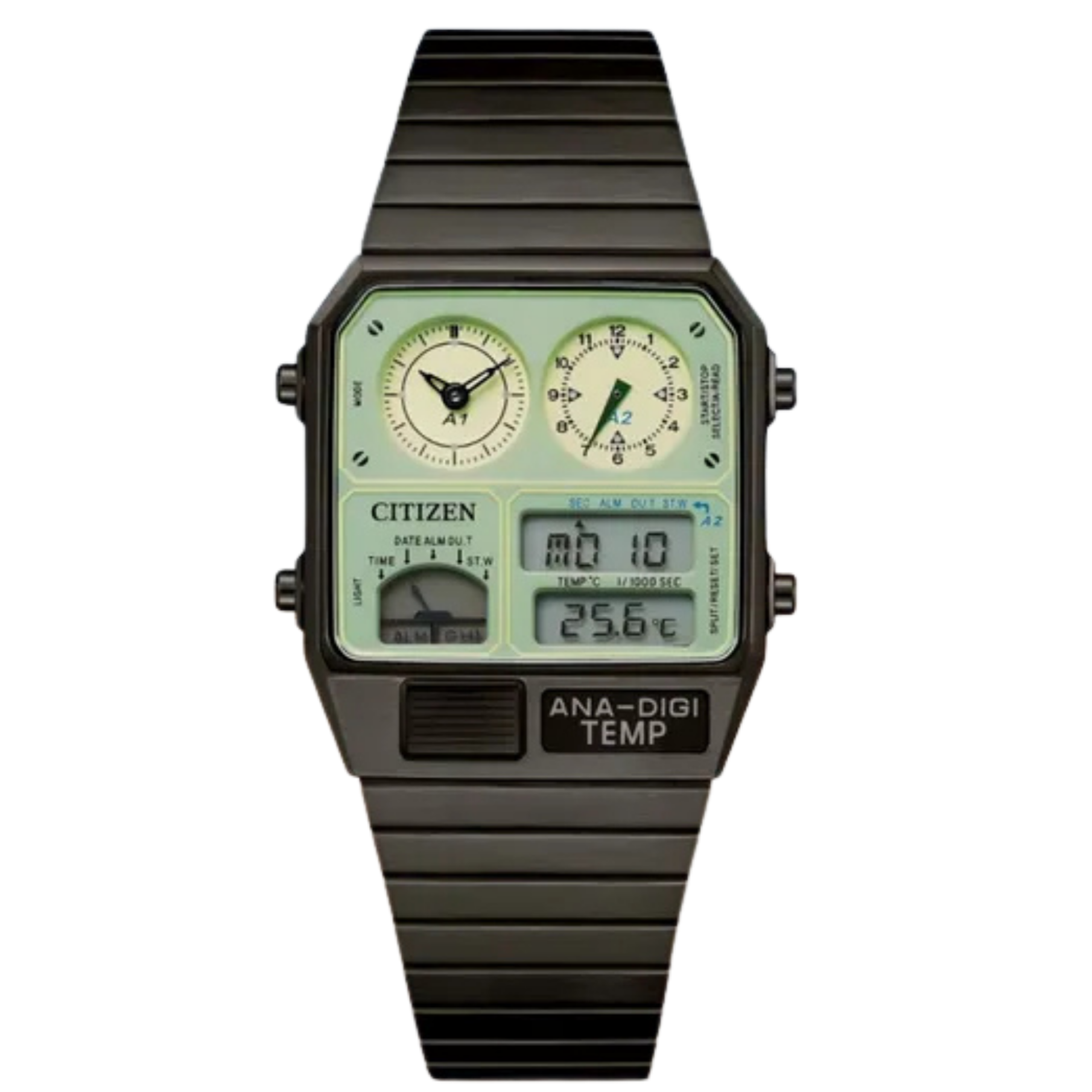 預購款【CITIZEN 星辰】 GENT系列 80年代復古時尚 兩地時間 日期溫度雙顯 多功能 電子錶 JG2147-85X