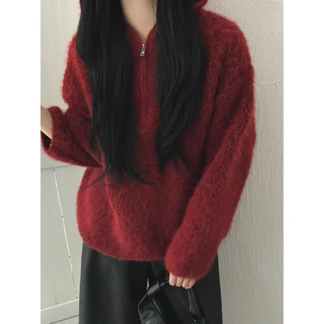 氛圍感羊毛毛連帽針織毛衣