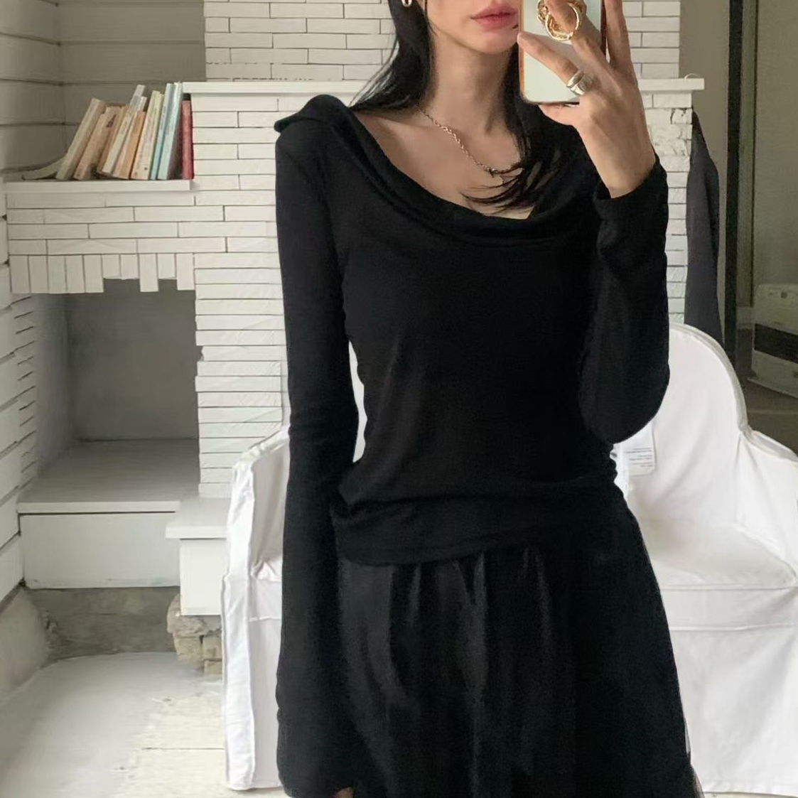 雙面穿不對稱翻領/圓領長袖上衣 / 4色