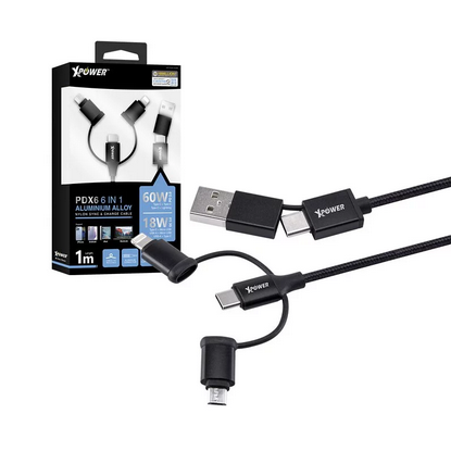 XPower 6合1 60W PD3.0 鋁合金傳輸充電線 (1m) PDX6