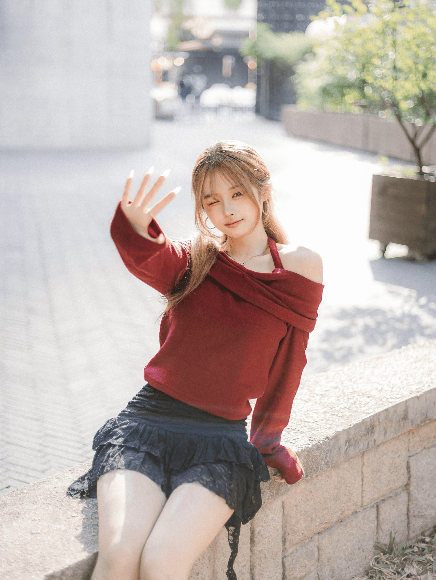 Wrinkled Front Back One Shoulder Top