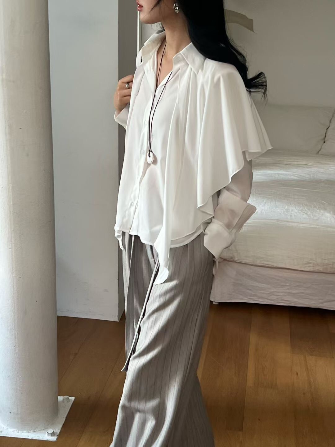 腰頭反摺造型配色直條紋西裝褲長褲-S-Ｍ / 2色