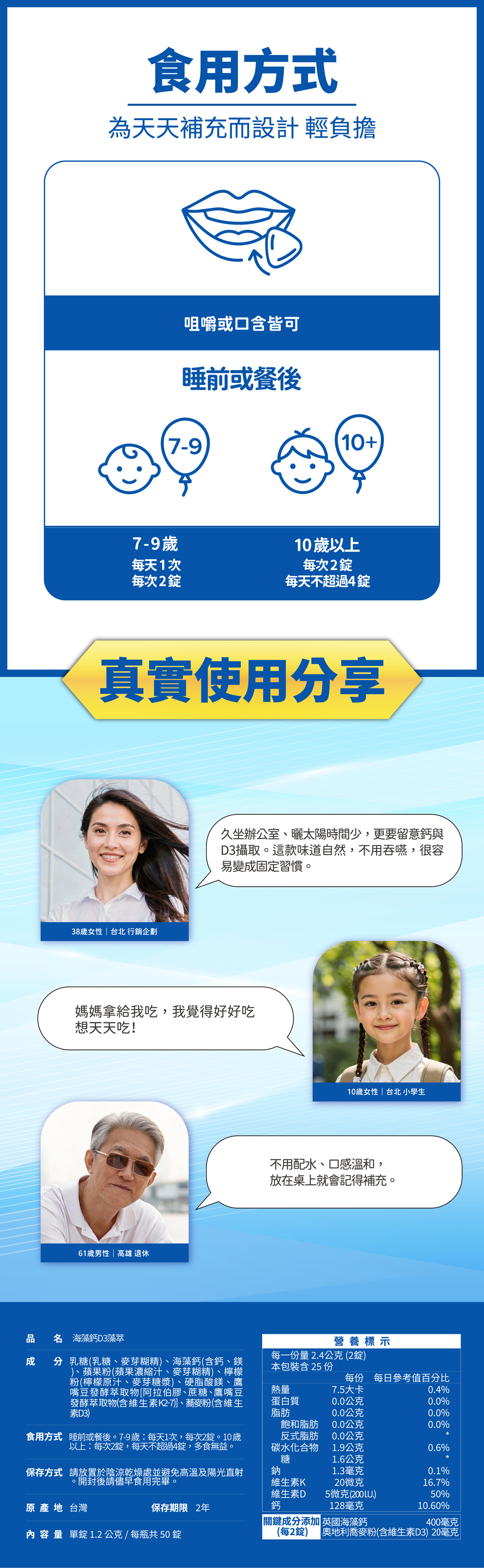 海藻鈣源、蕎麥基底、友善配方。黃金三角配方設計：蕎麥粉D3X愛爾蘭海藻鈣鎂X鷹嘴豆K2。愛爾蘭海藻鈣鎂，植物性多礦質組合。蕎麥粉D3，植物系營養的起點。鷹嘴豆K2，飲食平衡的植物系選擇。