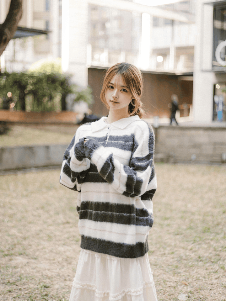 必買！馬海毛翻領撞色針織上衣