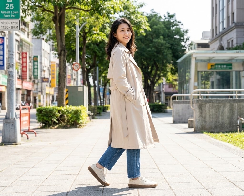 Clean Fit 風格穿搭推薦 Sanly Joy 真皮厚底德訓餅乾鞋，奶油杏色調搭配淺色大衣展現清新減齡感，厚底設計修飾身形比例，是小個子女生秋冬顯高又百搭的小白鞋首選。