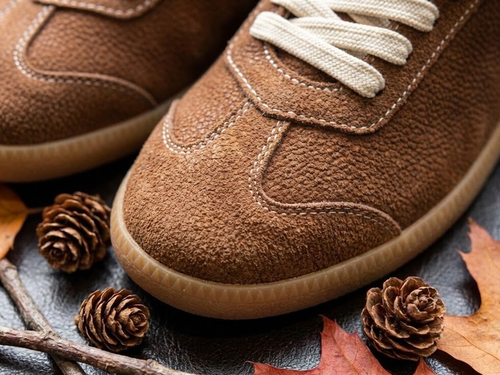 特寫 Sanly Joy 真皮德訓鞋的頭層牛皮與麂皮拼接工藝，展示天然皮革的溫潤光澤與異材質層次感，強調真皮鞋款在秋冬穿搭中提升整體高級感的重要性。