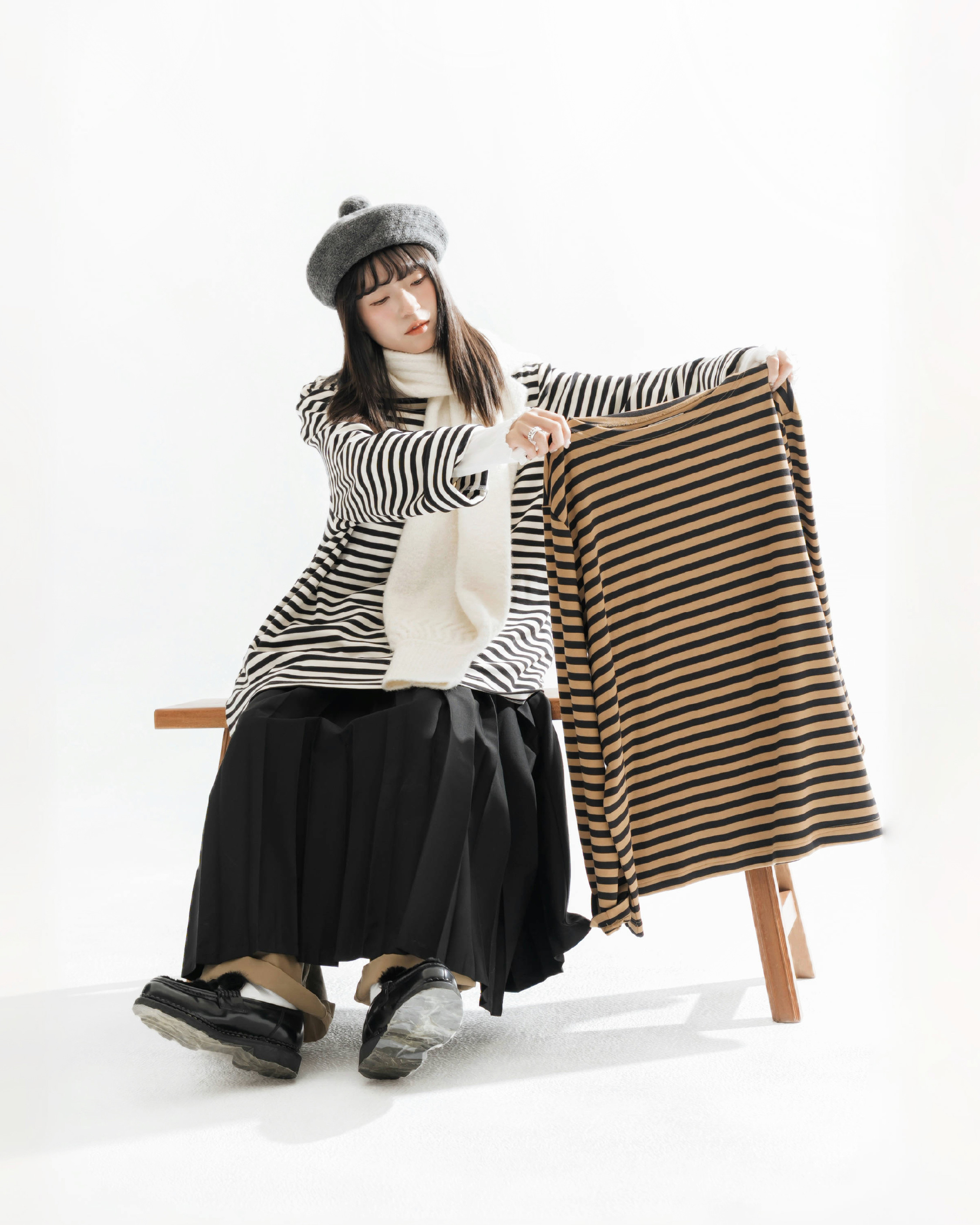 【 Kiki.co Made 】Loose Striped Long-Sleeve Top - Black