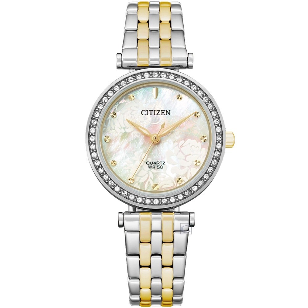 【CITIZEN 星辰】LADY'S 晶鑽水鑽 珍珠母貝 典雅不鏽鋼 女款手錶 ER0214-54D