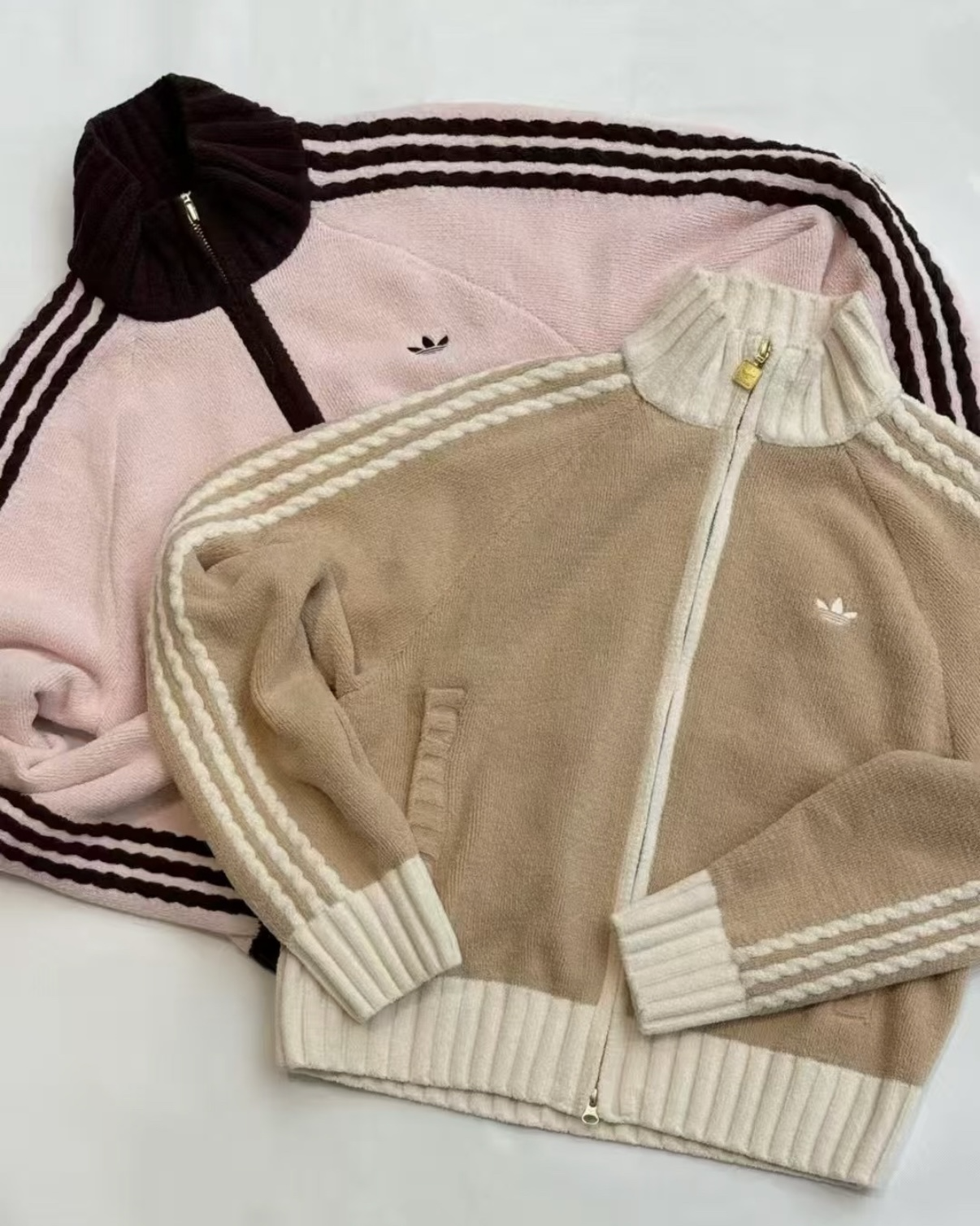 ADIDAS ORIGINALS KNIT TRACK TOP 針織外套 立領 雙拉鍊 奶茶色 莓果粉 女款