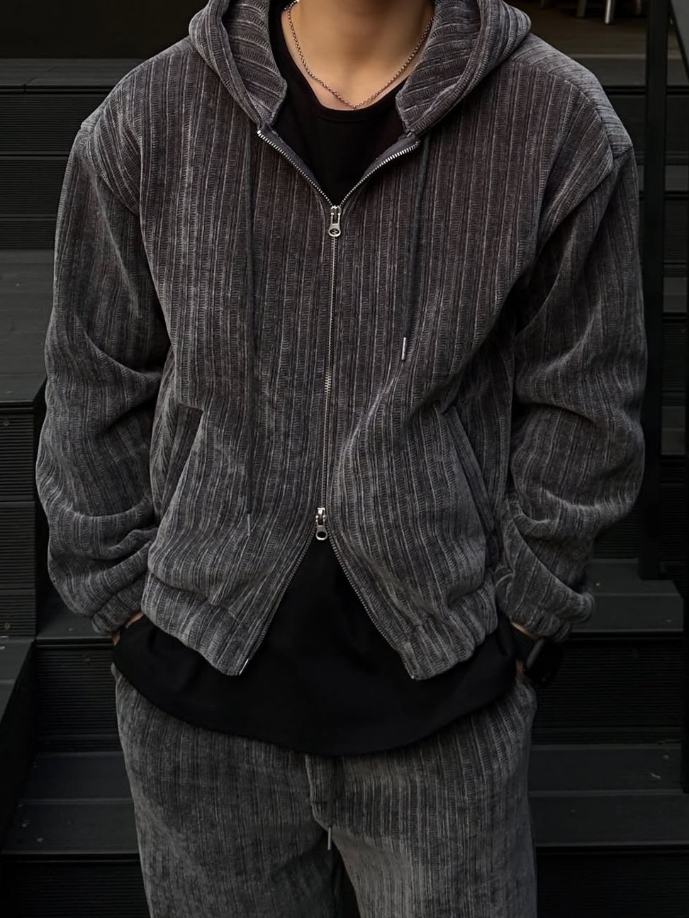 暗直紋連帽拉鍊外套(抓毛底) JK2766