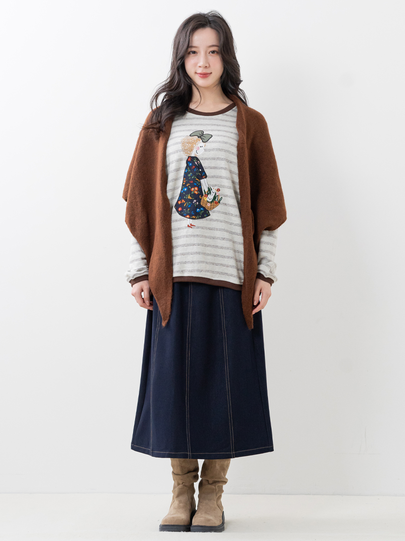 條紋毛圈布大學T天絲棉後開衩A字裙組合