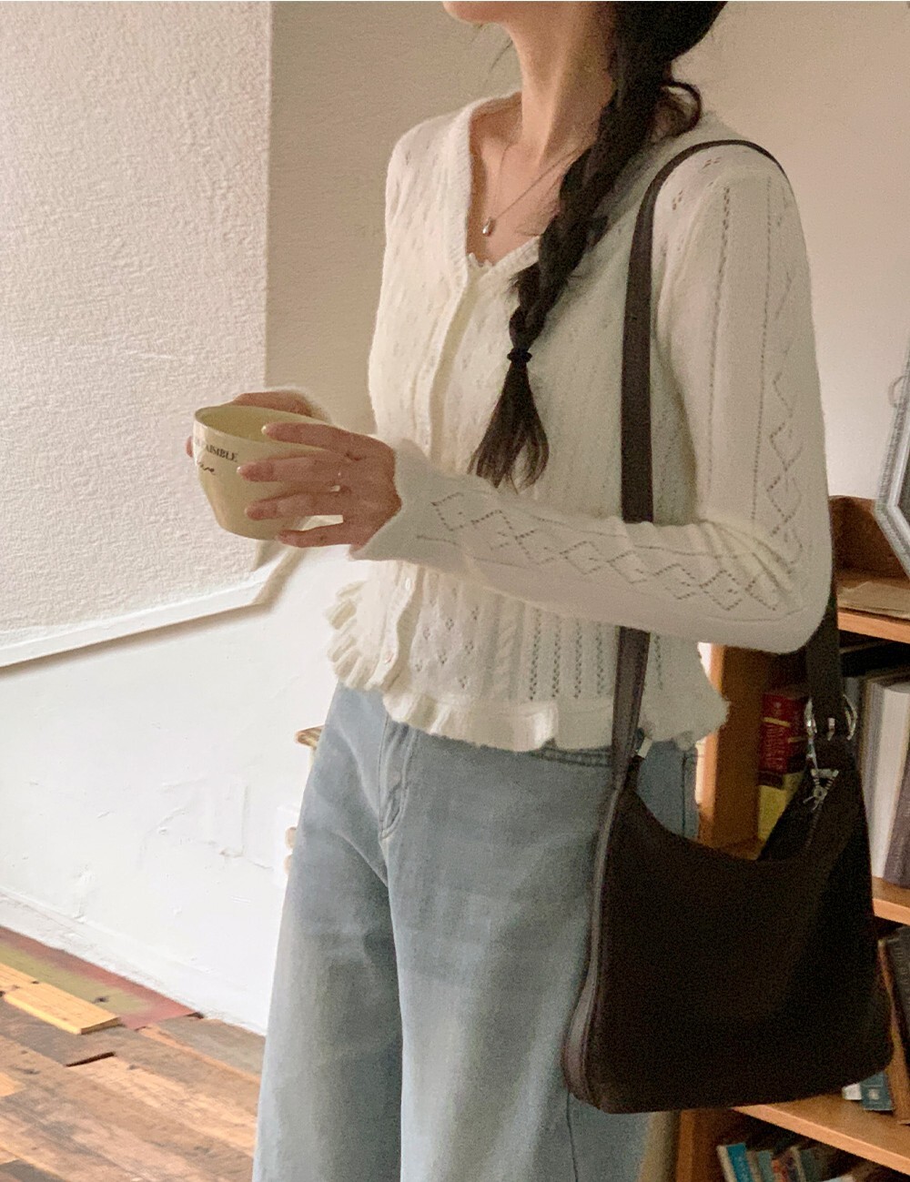 韓國grace muse授權 甜甜小女人織孔紋花荷葉邊針織衫