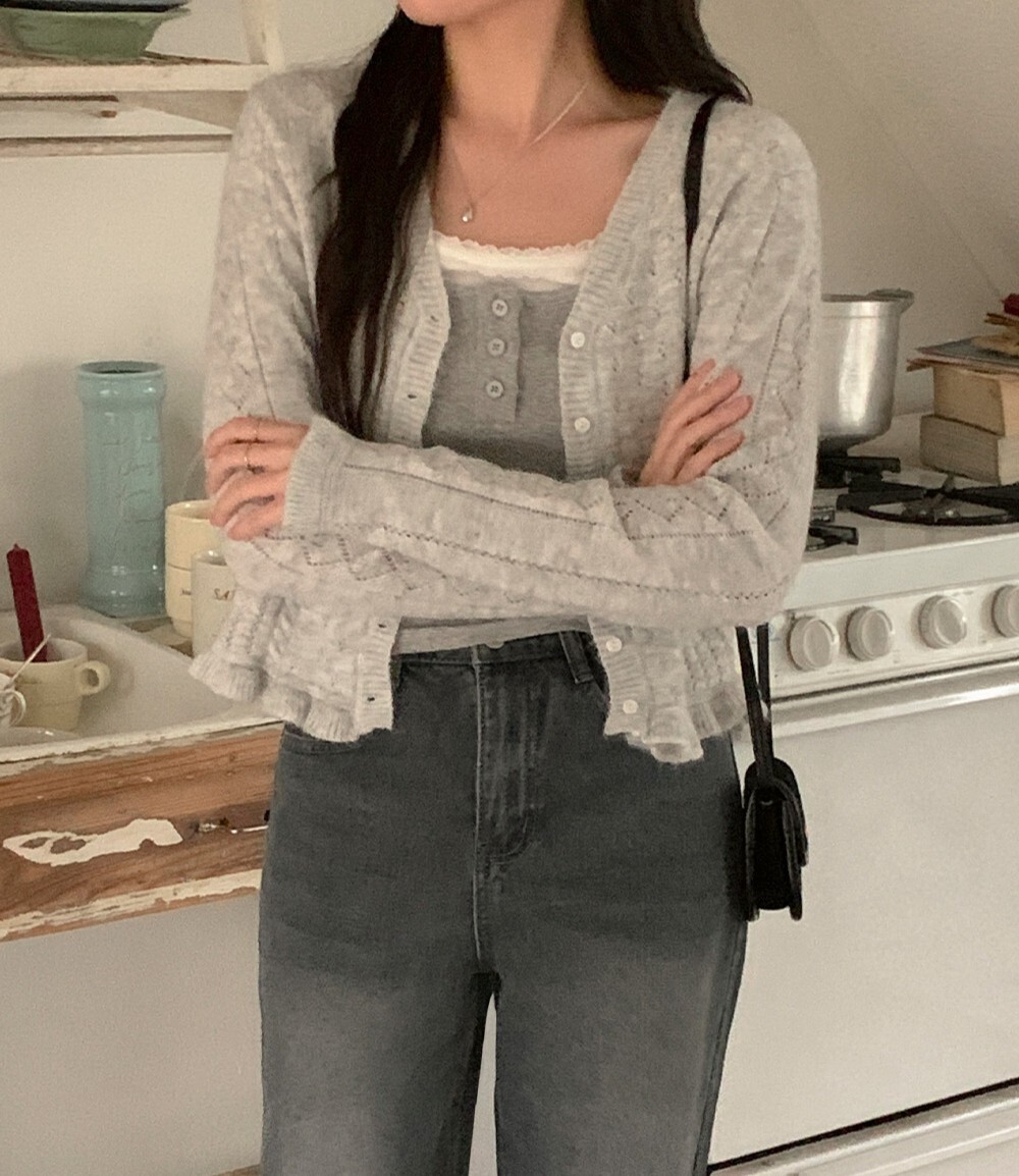 韓國grace muse授權 甜甜小女人織孔紋花荷葉邊針織衫