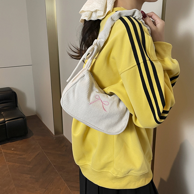 Corduroy Bow Embroidered Ruched Shoulder & Crossbody Bag