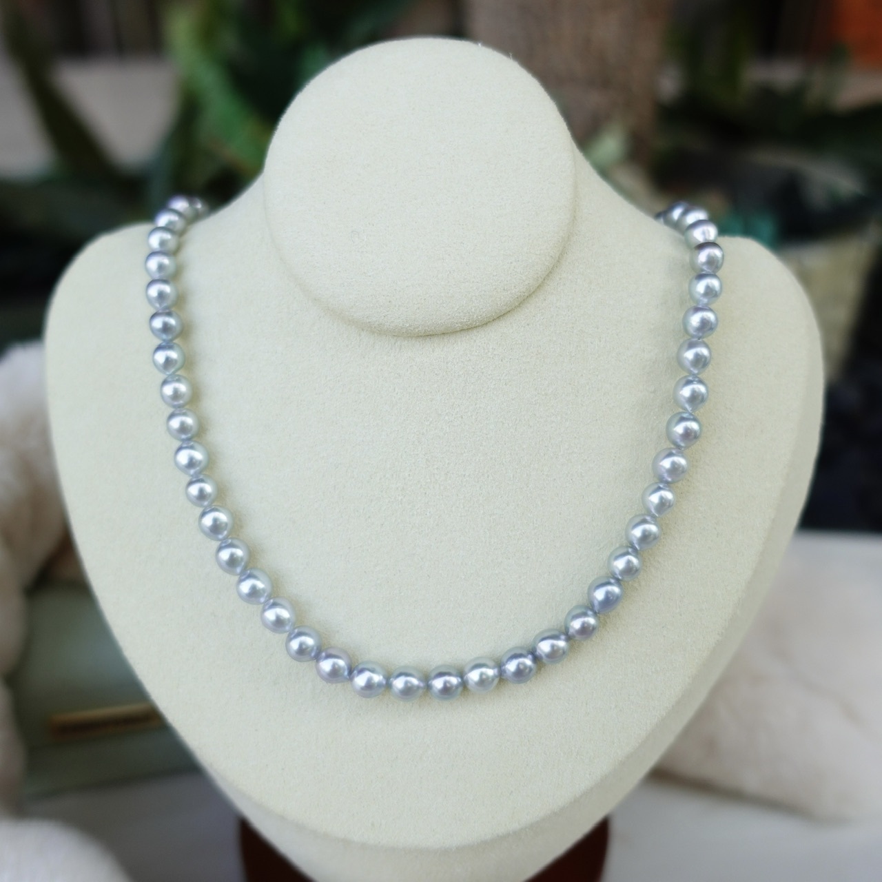 5.5-6mm 微巴洛克形天然銀藍色Akoya項鍊
